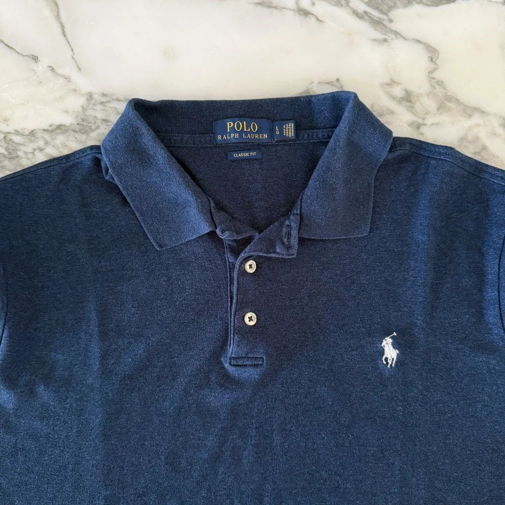 Polo Ralph Lauren Cotton Men's Navy Blue Polo Short sleeve shirt,  Large